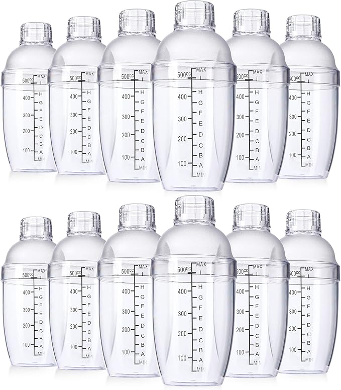 Lallisa 12 Pcs Plastic Cocktail Shaker Drink Mixer with Scales and Strainer Top Clear Shaker Cup with Measurement Plastic Bar Mixing Tool for Tea Coffee Bubble Tea Milk(550 Cc/ 19 oz)