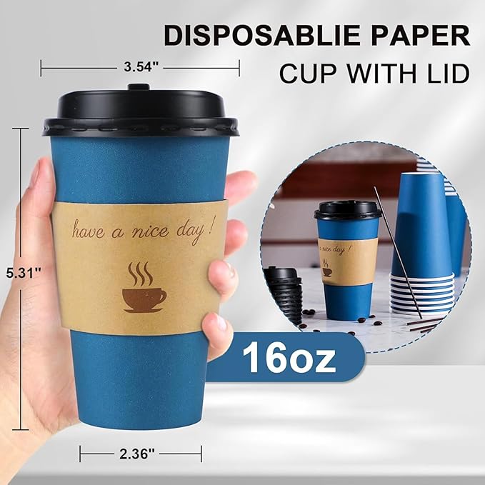 100 Pack 16 oz Coffee Cups with Lids, Disposable To Go Paper Coffee Cups with Sleeves and Stirring Sticks for Hot/Cold Drinks Office Home Shop Event (Navy)
