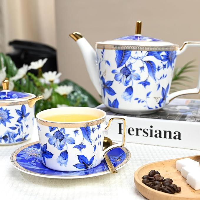 Bone China Tea Cup and Saucer Set, Bone China Coffee Cups and Saucers, Vintage Blue and White TeaCups snd Saucers Gift for Mom Friend Tea Party (dark blue)
