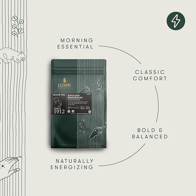 Luxmi Estates Tale of Two Estates Organic English Breakfast Tea (50 Tea Bags) Caffeinated Tea Bags For A Morning Boost and Natural Energy, With Certified Organic Darjeeling & Assam Black Tea