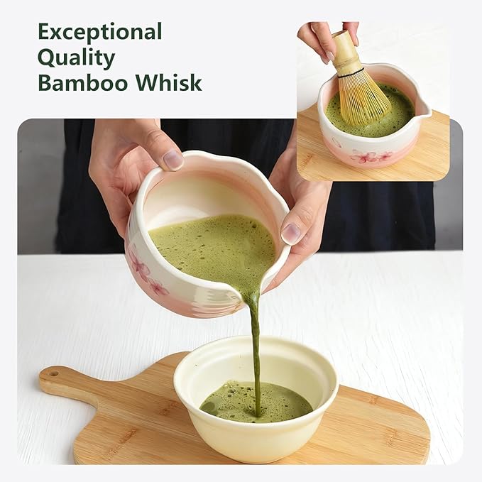 7PCS Matcha Whisk Set, Sakura Cherry Bloosm Matcha Kit Christmas Gifts for Women Birthdays Mom Girls Kids and Matcha Tea Lover, with Bamboo Whisk, Holder, Bowl, Scoop, Sifter, Towel, and Elegant box