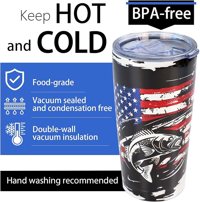 20oz Fishing Tumbler - Stainless Steel Vacuum Insulated | Fishing & American Flag Design, Leak-Proof Travel Mug for Hot/Cold Drinks, Patriotic Gift for Anglers, Fisherman & Outdoor Fans