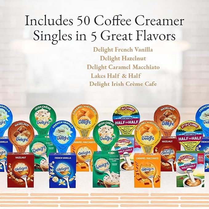 Coffee Creamer Singles Variety Pack Packaged by Bools, Mini Coffee Creamer & Mini Mooo's 5 Flavor Assortment (50 Pack) for Home, Office, Coffee, Bar, Gift