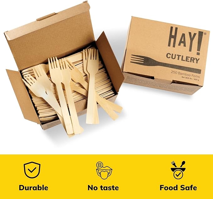 HAY! Bamboo Forks | 250 ct Unwrapped Forks | Biodegradable Utensils | Compostable & Plastic-Free | Heavy-duty Fork | For To-Go Meals or Events | Wooden Fork