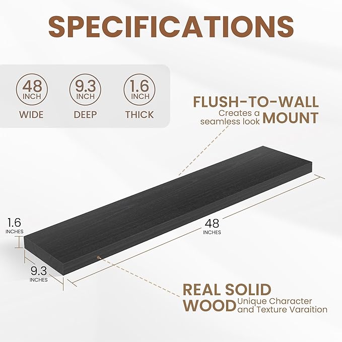 Fun Memories 48" Black Floating Shelves, 9.3 Inch Deep Floating Shelves for Wall, Rustic Wooden Wall Shelves for Home Decor, Large Fireplace Mantel for Storage, Deep Floating Shelf Set of 1