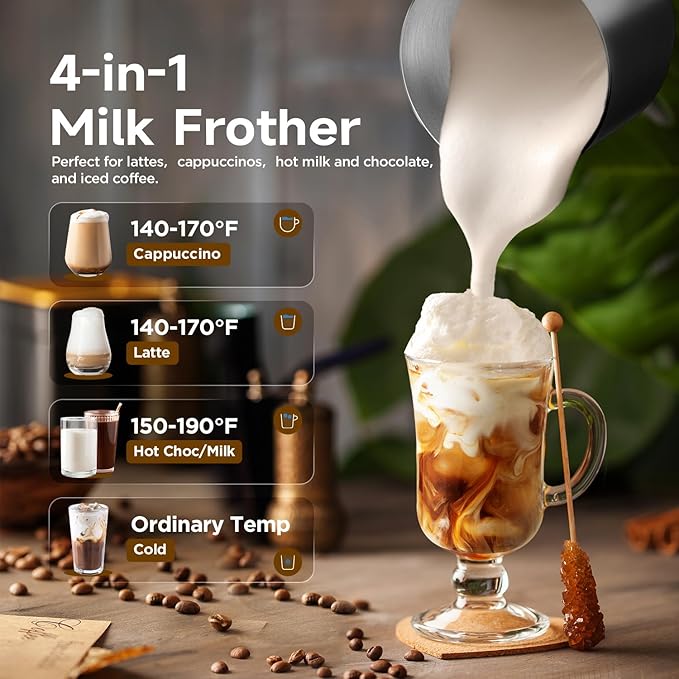 Detachable Milk Frother, Food Grade Stainless Steel 17oz Electric Milk Steamer, Easy Clean with Dishwasher Safe, Automatic Hot/Cold Foam Maker, Hot Chocolate Maker, 120V, Stainless Steel