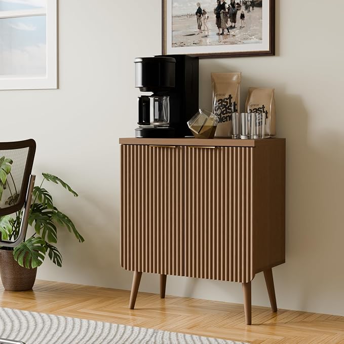 Sideboard Buffet Cabinet with Storage, Modern Fluted Accent Credenza with 2 Doors, Buffet Table Media Console Cabinet Entryway Cabinets for Living Room Kitchen Dining Room Bathroom, Walnut