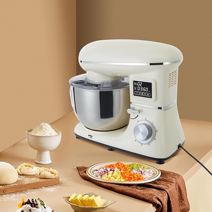 6.5Qt Stand Mixer, 1350W Electric Household Stand Kitchen Mixer With Lcd Timer Display, 6-Speed Dough Maker With Whisk Beater & Hook, For Baking Bread Cake Cream, Compact For Small Kitchen (white)