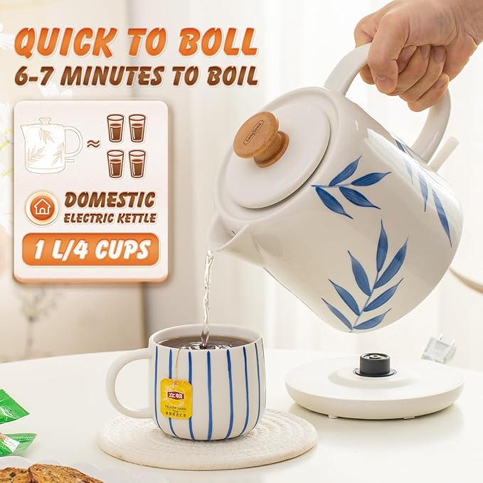 1.0-Liter Ceramic Electric Kettle, 1000W Rapid Boil, Tea Kettles Pot & Hot Water Boiler For Coffee & Tea, Teapot Auto Shut-Off, Boil-Dry Protection