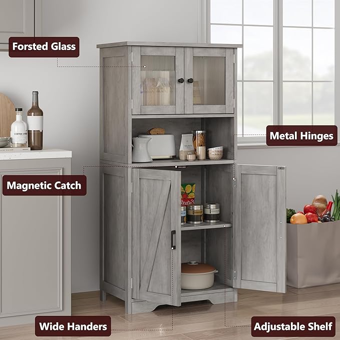 Storage Cabinets, 54 Inch Tall Hutch Bar Cabinet with Glass Doors and Adjustable Shelves, Wooden Kitchen Pantry Storage Cabinet, for Living Room