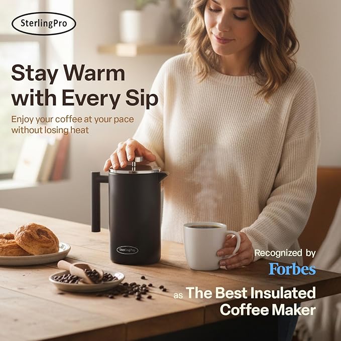 Stainless Steel French Press Coffee Maker Large 1.5 L(51 oz) Black – Durable Double Walled Insulated Coffee Press Keeps Drinks Hot, Easy to Use and Clean Stylish Design for Rich Flavor