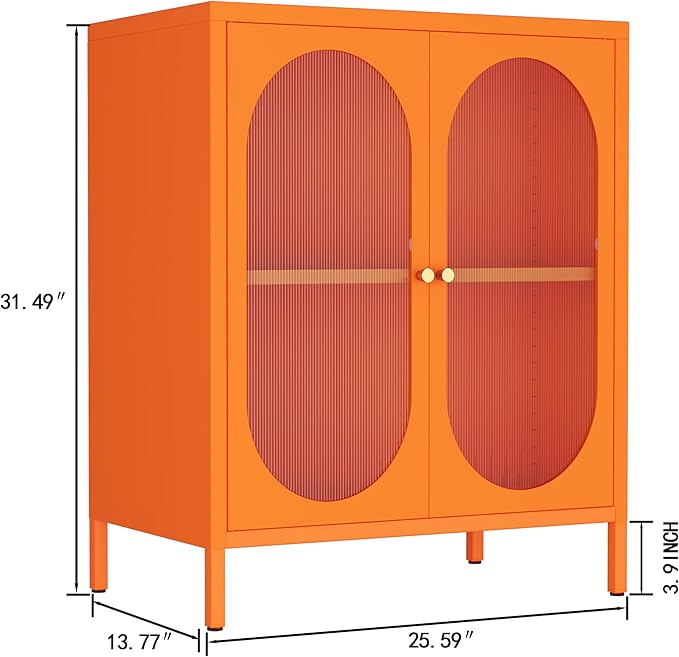 Small 2 Transparent Door Metal Storage Side Buffet Cabinet for Bed Room,Living Room,Entryway,Hallway,Home,Hotel,Office,Garage,Kitchen,1 Removable Shelf. (Transparent Door, Orange)