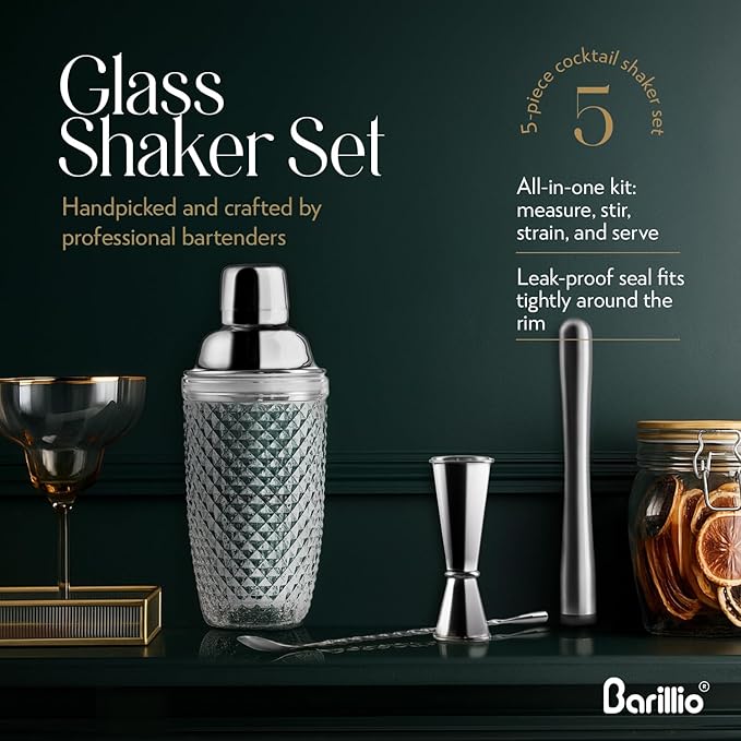 Barillio Glass Cocktail Shaker Set | 14 oz Cobbler Mixer with Bar Tools | Bartender Kit with Measuring Jigger, Mixing Spoon and Muddler | Gift Set