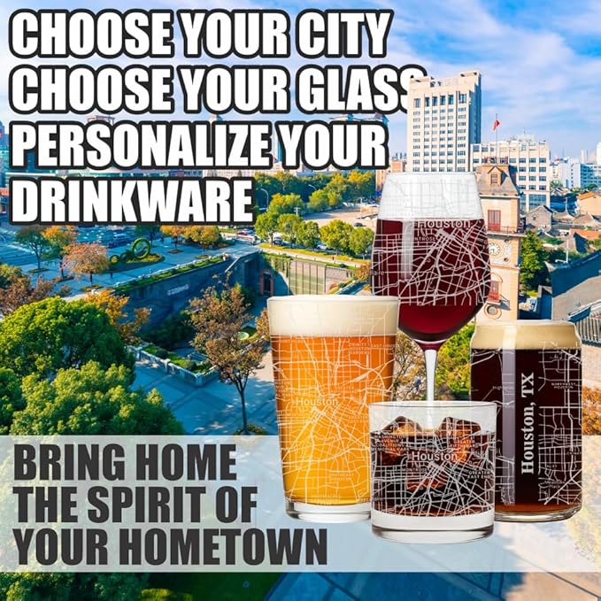 Blue Ridge Mountain Gifts - Houston Souvenir - Texas Glassware Gift, Etched City Map, Laser Engraved and Dishwasher Safe