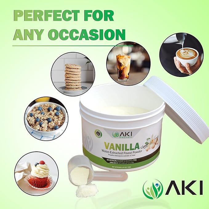Aki Fine Vanilla Powder Extract From Beans (5.29oz/150g) - Water Extracted Powder Ideal For Baking, Cooking Flavoring - Delicious Vanilla Flavor & Easy to Add in Smoothies & Coffee, Non-GMO & Alcohol-Free