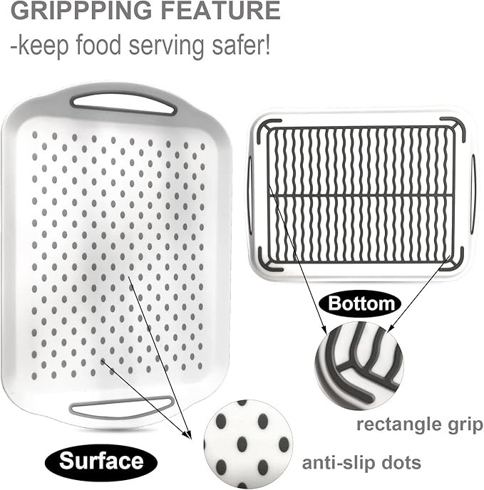 Larger Nonslip Food Serving Tray, 17.9'' x 12'' Grippy Handles Surface Bottom Design, Perfect Trays for Eating, Lap, TV, Couch, Black & White, Set of 2