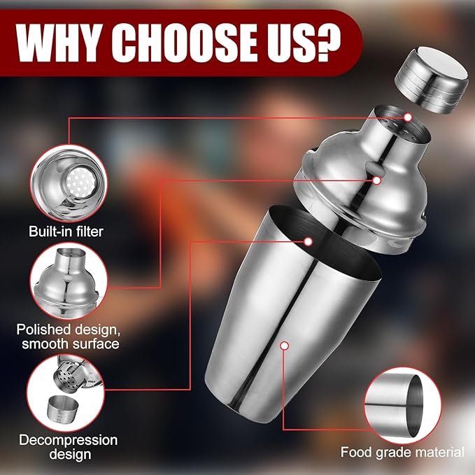 Nitial 9 Pcs Bar Cocktail Shaker Professional Stainless Steel Martini Drink Mixer Built-in Strainer for Bartending No Leaks Boston Shaker for Bar Party Drink Tool(Silver,25 oz)