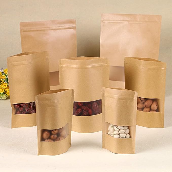 100pcs Kraft Bags with Window Zipper Lock Stand Up Bulk Pouches Resealable 10x14in