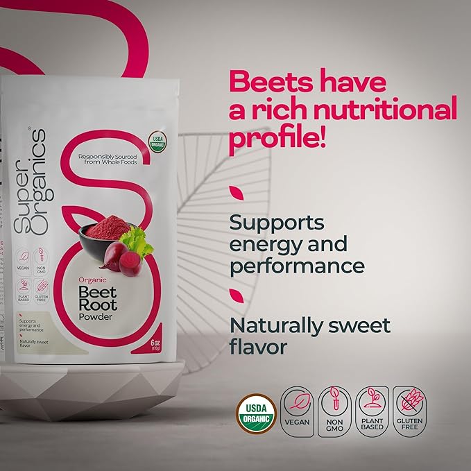 Super Organics Beet Root Powder – Organic Superfood Dietary Supplement, Vegan, USDA Certified Organic, Non-GMO, Gluten-Free, Pure Beta Vulgaris Beetroot, 6 oz
