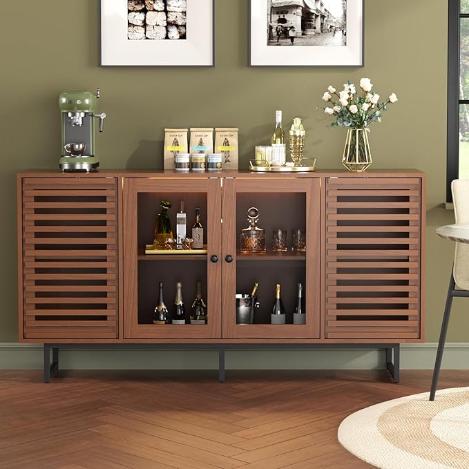 Vabches Mid Century Modern Sideboard Buffet Cabinet with LED Lights, Unique Slatted & Tempered Glass Doors, 58.3" Credenza Storage Cabinet for Kitchen, Dining, Living Room, Entryway, Walnut