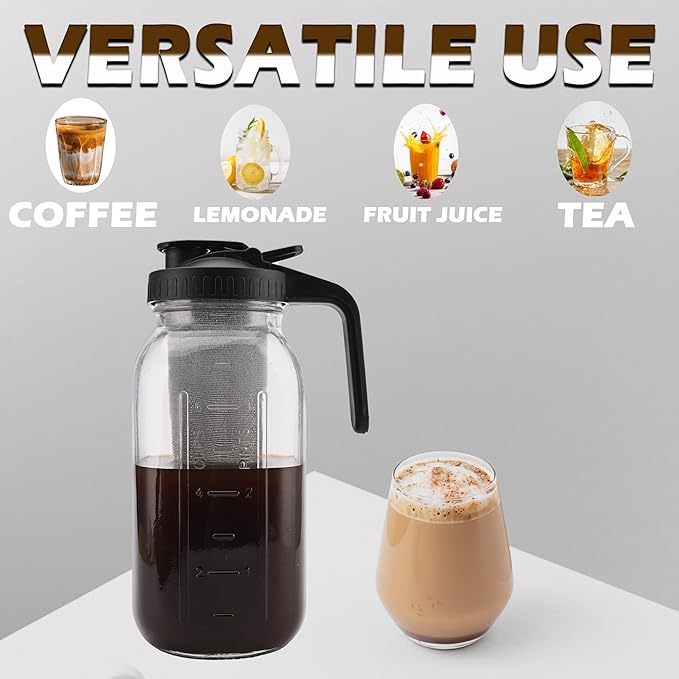 TECHSHARE Cold Brew Coffee Maker Jar 64oz – Heavy Duty Mason Pitcher with Stainless Steel Filter, Wide Mouth Spout Lid & Handle for Iced Coffee, Tea, Lemonade, and Fresh Fruit Drinks