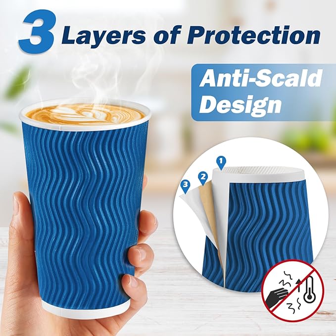 SIUQ 16 oz Coffee Cups-90 Pack Disposable Coffee Cups with Lids and Straws, Insulated Ripple Wall To Go Paper Coffee Cup for Coffee, Hot Chocolate and Hot Tea Drinks - Navy