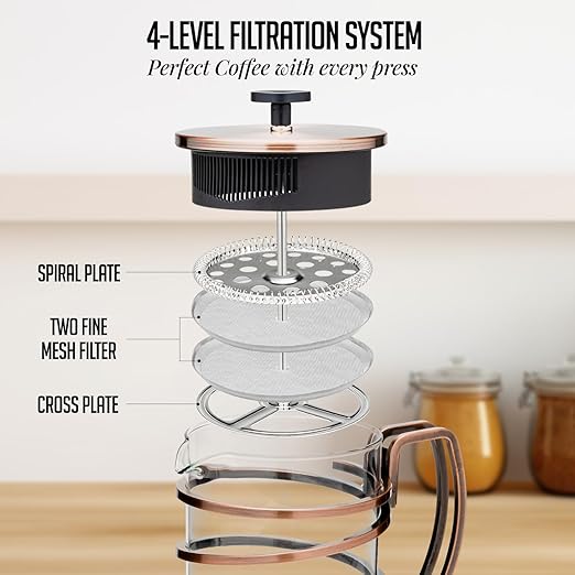 OVENTE French Press Coffee Maker 27 Ounce with Heat Resistant Borosilicate Glass, Stainless Steel Design and 4-Level Filter System, Portable Cold Brewer Pot for Travel, Camping or Gift, Copper FSW27C