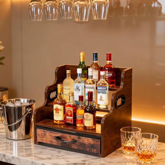3-Tier Liquor Bottle Display Shelf with Drawers- Holds 12 Bottles & 36 K-Cups, Countertop Wine Rack, Coffee Syrup Rack, for Mini Bar, Whiskey, Spice Rack