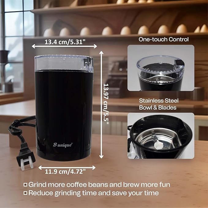 B Unique Electric Coffee & Spice Grinder, 300ml Stainless Steel | Powerful Grinder for Beans, Herbs, Nuts & Seeds | Fast, Safe, Easy to Clean | Compact Kitchen Design