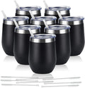 8 Pack 12Oz Stainless Steel Wine Tumblers, Insulated Wine Tumbler, Double Wall Insulated Wine Glass, Stainless Steel Stemless Wine Cups with Lids for Coffee, Wine, Cocktails, Champaign, Black
