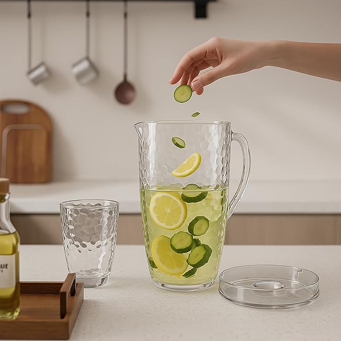 84 oz Crystal-Clear Pitcher with 4 Tumblers Set, BPA-Free Food-Grade Jug with 3-Position Lid & Spout – Large Beverage Pitcher for Party, Iced Tea, Lemonade, Sangria, Fridge– Teal Blue