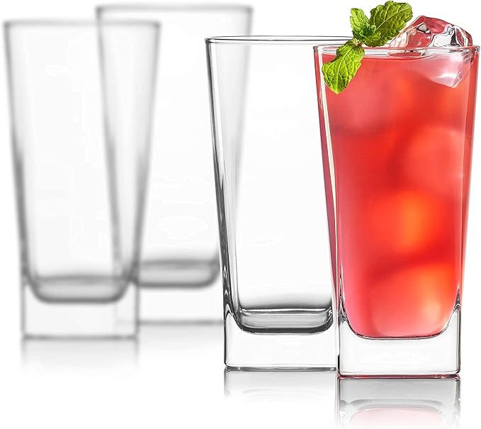 Highball Glasses [Set of 4] + 4 Stainless Steel Straws, 16 oz Lead-Free Crystal Clear Glass, Elegant Drinking Cups for Water, Wine, Beer, Cocktails and Mixed Drinks - Round Top, Square Bottom