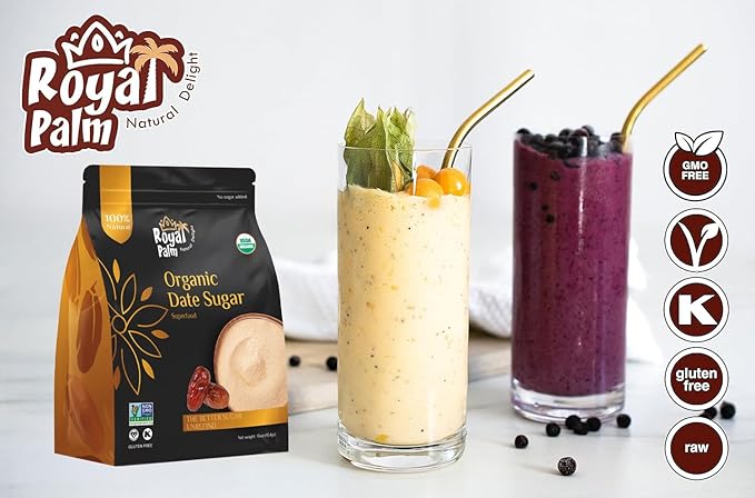 Royal Palm Organic Date Sugar | Premium Natural Sweetener | Ideal Baking Sugar Substitute | High-Fiber Vegan & Paleo Alternative | Gluten-Free & Kosher | Non-GMO | 16oz Pack