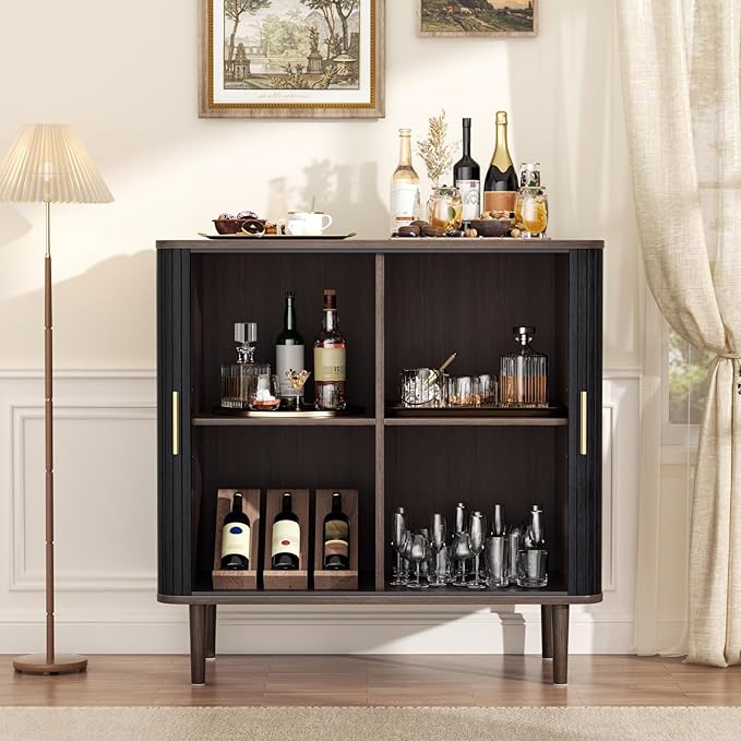 35" Fluted Accent Buffet Cabinet, Black Small Storage Sideboard with Sliding Door, Mid Century Modern Credenza with Solid Wood Leg, Wine Coffee Bar Console Table for Kitchen, Entryway, Living