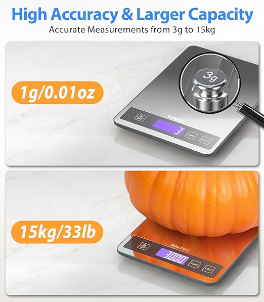Food Scale - 15kg/33lb Digital Kitchen Scale with Full-View LCD Display, Grams and Ounces, Easy Clean Stainless Steel, 6 Units with Tare Function, Precise for Baking, Cooking & Meal Prep, Grey