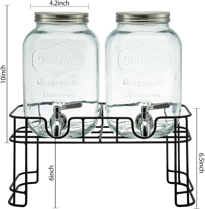 1 Gallon Glass Drink Dispensers for Parties, 2PACK Beverage Dispenser with Stand, Ice Cylinder and Stainless Steel Spigot 100% Leakproof, Beverage Dispenser for Lemonade Sun Tea