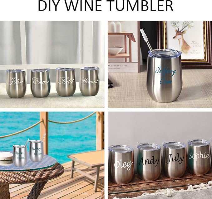 8 Pack 12Oz Stainless Steel Wine Tumblers, Insulated Wine Tumbler, Double Wall Insulated Wine Glass, Stainless Steel Stemless Wine Cups with Lids for Coffee, Wine, Cocktails, Champaign, Silver