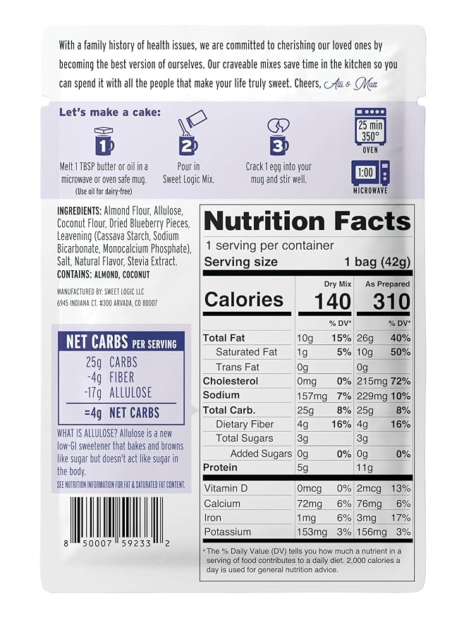 Sweet Logic Keto Dessert Mug Cake Mixes - Blueberry Muffin - Low Sugar - Gluten-Free - Low Carb - Diabetic-Friendly Sweets - Natural Ingredients - High Protein - Delicious Keto Treats (4 Pack)