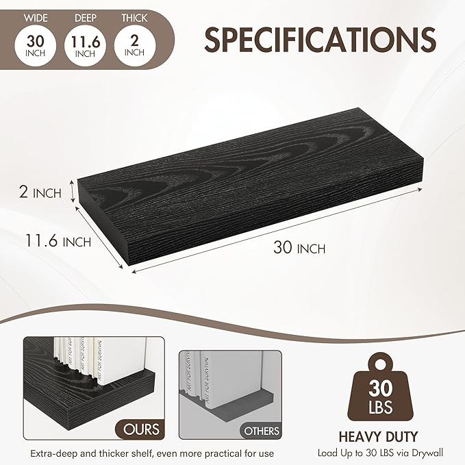 30 Inch Floating Shelves, 12" Deep Floating Shelf Wall Mounted, 30" Wall Shelves, Rustic Deep Bookshelf, Extra Deeper & Thicker Display Shelves for Bedroom, Living Room, Black, Set of 2