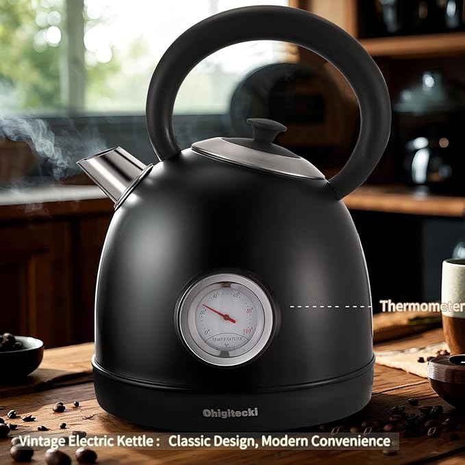 1.7L Electric Kettle, Retro Stainless Steel Water Boiler with Temperature Gauge & Auto Shut-Off, 1200W Fast Boiling Kettle for Home Kitchen Office, Boil-Dry Protection (Matte Black）