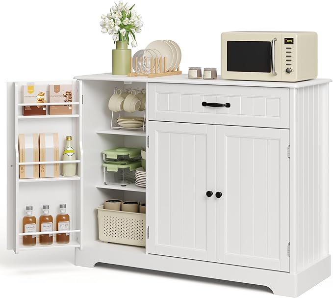 Ahomly Buffet Cabinet with Storage - 42'' Large Kitchen Storage with Shelves and Doors, Modern Coffee Bar Cabinet for Kitchen, Dining Room, Living Room, White