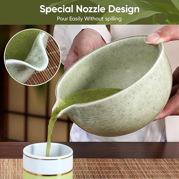 Matcha Whisk Set 10pcs – Traditional Japanese Matcha Kit with Bamboo Whisk, Ceramic Matcha Bowl with Pouring Spout, atcha Kit for Ceremony, Making Tools for Tea Ceremony (Matcha Green)