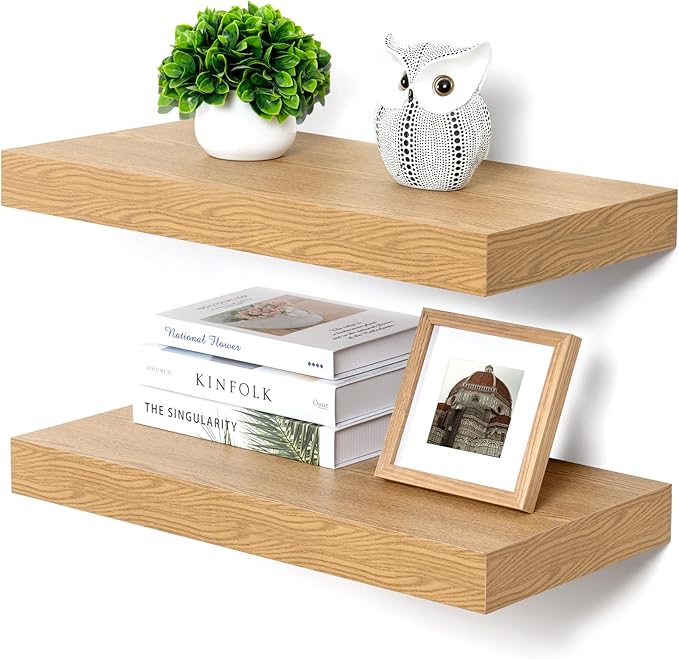 Deep Floating Shelves | 24 Inch Oak Floating Shelves Set of 2 | 12 Inch Deep Rustic Wood Shelves for Wall | 24" W x 12" D Oak Shelves for Living Room Bathroom Laundry Room Kitchen