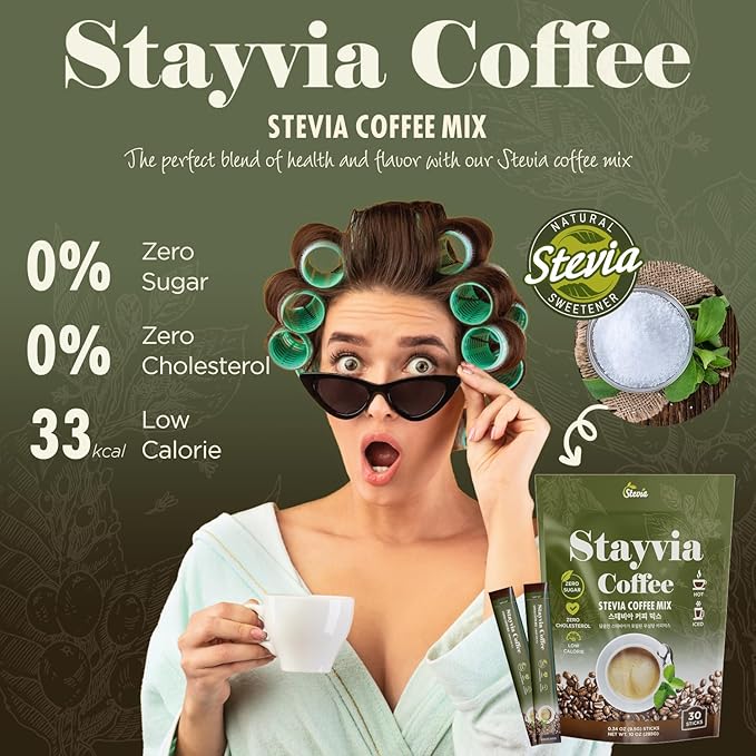 STAYVIA COFFEE Stevia Instant Coffee Packets - Korean Instant Latte with Sugar-Free & Low Calories - 30 Sticks (0.33oz) - Plant-Based Sweetener - Enjoy Caffeine Hot & Cold at Office, Home & Travel