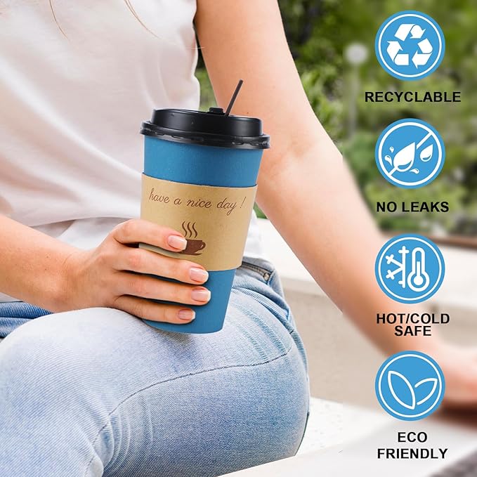 100 Pack 16 oz Coffee Cups with Lids, Disposable To Go Paper Coffee Cups with Sleeves and Stirring Sticks for Hot/Cold Drinks Office Home Shop Event (Navy)