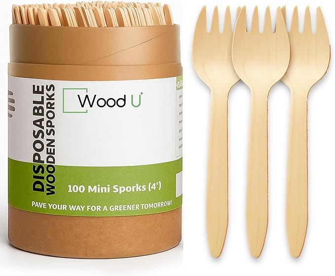 Mini wooden spork disposable Perfect for Dessert, Appetizers, Cocktails, Eco-Friendly spork wood for sample & tasting, Biodegradable & compostable | 100% All-Natural - Pack of 100-4” by WoodU