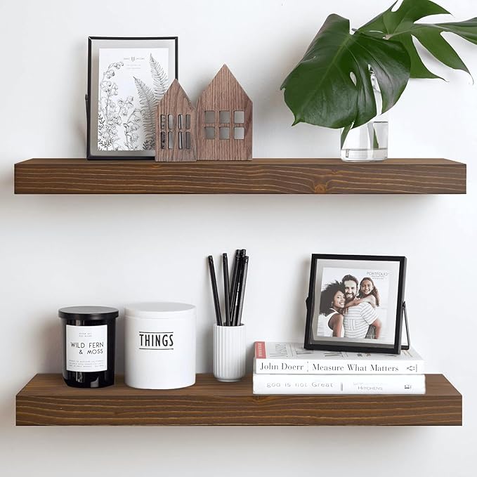 Homeforia Classic Walnut 24 inch Floating Shelf, High End Solid Real Wood Small 24inch Floating Shelves for Wall Mounted, 24in Floating Shelves, Heavy Duty Bracket, 24 X 6.5 X 1.75 inches, Set of 3