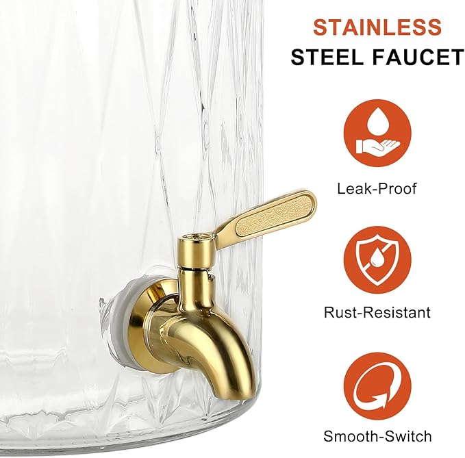 1.5 Gallon Glass Drink Dispenser with Stand – Large Beverage Dispenser with Stainless Steel Spigot, Chalkboard Tags & Marker – Glass Water Dispenser for Fridge, Parties, Weddings and Home Use,Glod