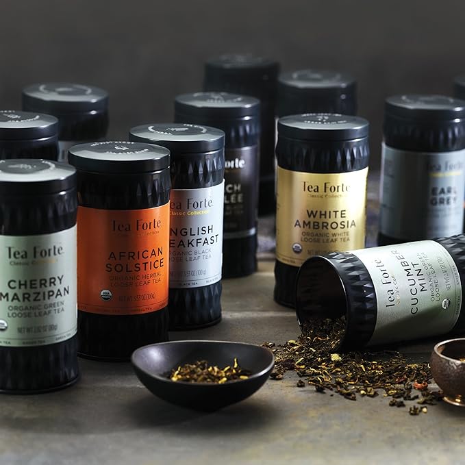 Tea Forte Caramel Nougat Premium Loose Leaf Caffeinated Black Tea Blend Canister, Makes 35-50 Cups, Round Canister