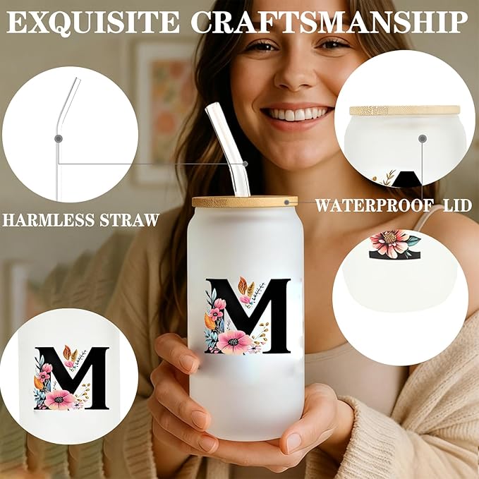 Monogrammed Glass Drinking Cup With Lid Straw Personalized Customized Post Cards Women Gift Flight Attendant Pet Sitter Secretary Hairdress Caregiver Musicians Cheerleaders Hairstylist Nanny,F